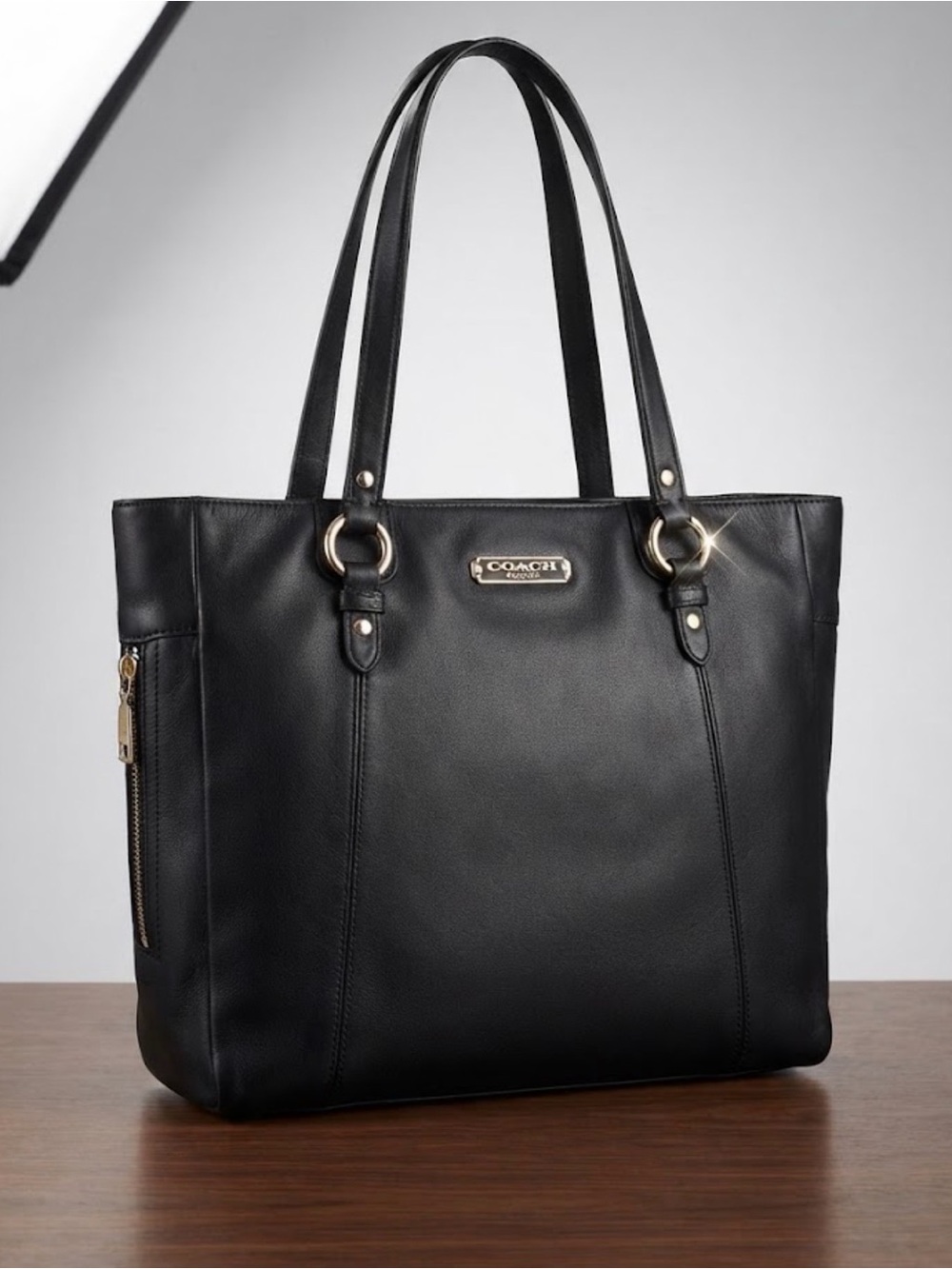 Coach Black Leather Tote Bag with silver tone Hardware